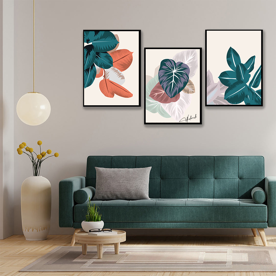 Tropical leaf wall art set in muted tones